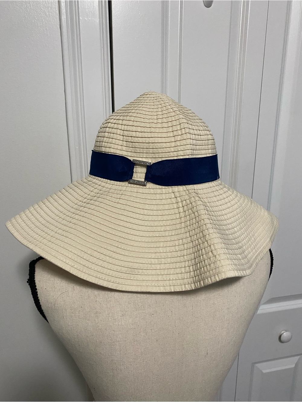 Ralph Lauren Wide Brim Sun Hat with Navy Ribbon